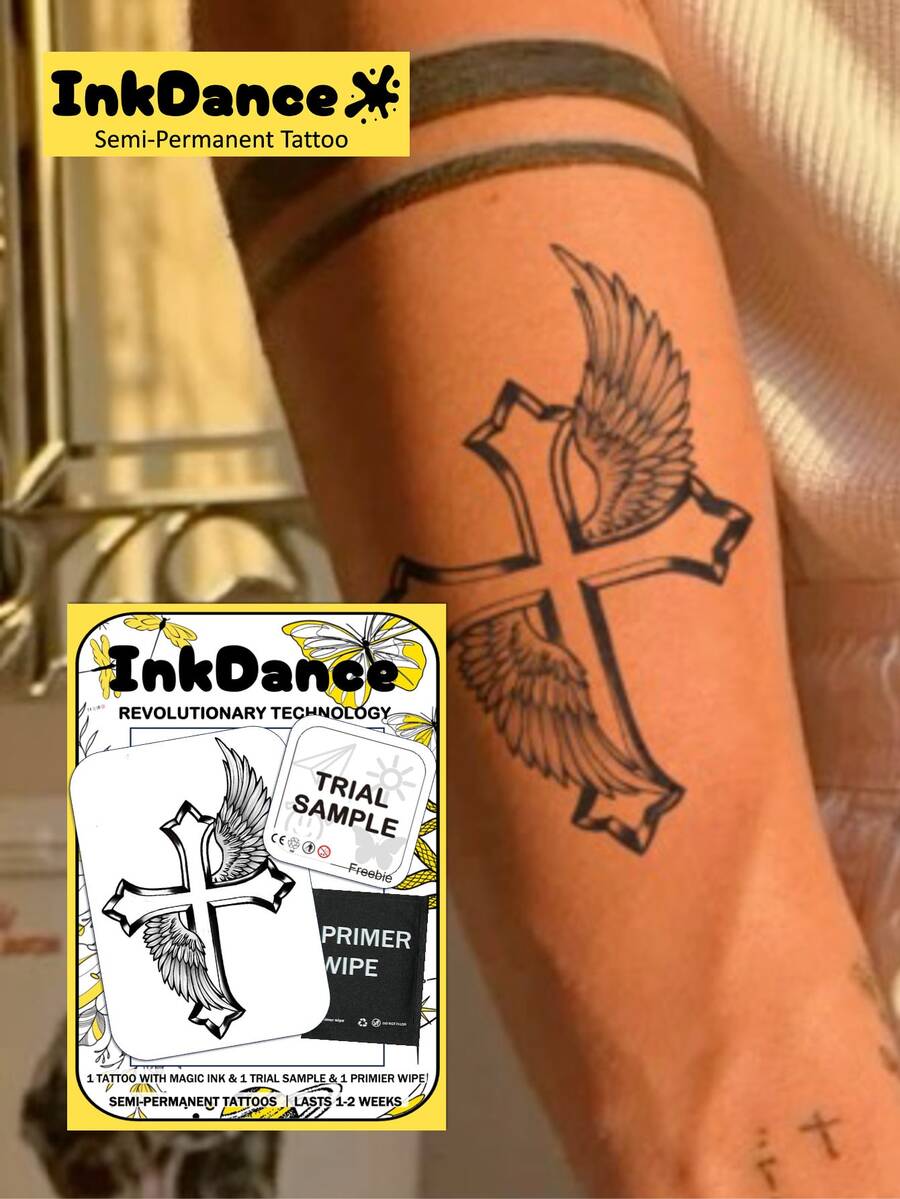 1 Kit "Winged Cross" Revolutionary Technology Tattoos, Semi-Permanent Tattoos, Temporary Tattoos, Long Lasting, Angel Tattoo, Fake Tattoos, Water-Resistant, Authentic Tattoo Look, Plant-Based X054
