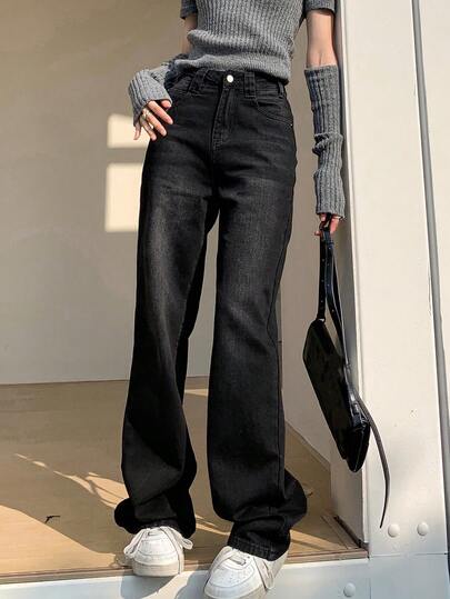 Quần jean ống đứng dáng rộng màu đen thường ngày dành cho nữ