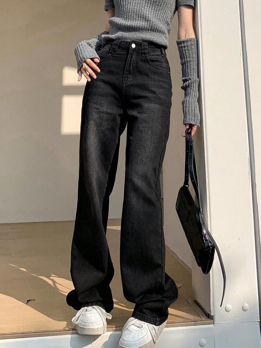 女式黑色宽松直筒休闲牛仔裤 - 黑色 - 查看 1