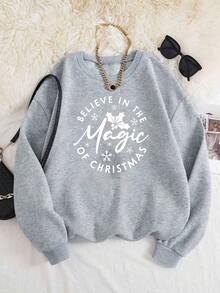 Sudadera de cuello redondo con estampado gráfico para mujer "Cree en la magia de la Navidad", estilo festivo, top informal y acogedor, atuendo de invierno, diseño de patrón único. - Gris - Ver 2