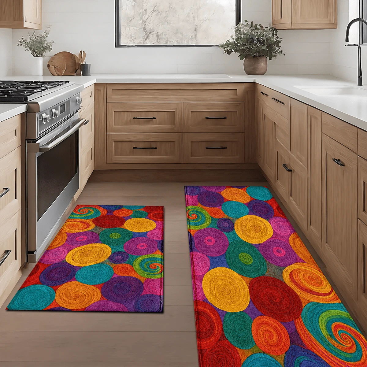 1pc Colorful Thick Yarn Swirl Pattern Printed Rug, Faux Wool Mat - Highly Absorbent, Easy To Clean, Suitable For Home Decor, Farmhouse, Entryway, Indoor, Room, Kitchen, Dining Room, Small Office/Home Office, Sink, Laundry Room, Doormat, Kitchen Mat, Non-Slip Mat - Multicolor - View 1