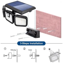 72 LED 3-Head 180° Wide Angle Solar Motion Sensor Light, Cordless Wireless High Brightness Security LED Floodlight IP44 Waterproof Spotlight For Patio, Garage, Deck, Porch & Courtyard Entrance - Black - View 6