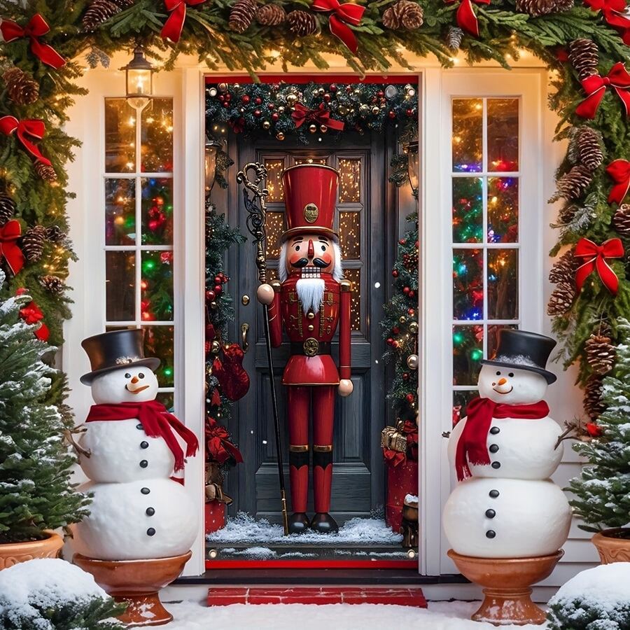 1pc, Festive Snowman Wreath With Pink Bow, 35.4x70.8-Inch Polyester Christmas Door Hanging, Indoor & Outdoor Holiday Decor, Contemporary Style, No Feather, No Power Needed