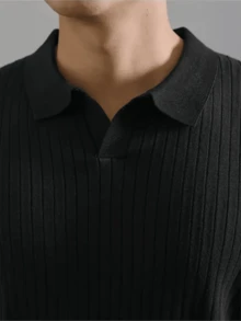 GRDR 男士宽松薄款罗纹 Polo 领针织衫，短袖，夏季款 - 黑色 - 查看 6