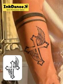 1 Kit "Winged Cross" Revolutionary Technology Tattoos, Semi-Permanent Tattoos, Temporary Tattoos, Long Lasting, Angel Tattoo, Fake Tattoos, Water-Resistant, Authentic Tattoo Look, Plant-Based X054