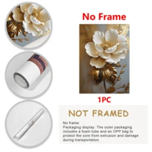 1 pièce Peinture à l'huile florale blanche élégante avec des feuilles d'or, décoration murale abstraite moderne, œuvres d'art murales, affiches, pouvant être accrochées, convient pour la décoration de la chambre, des couloirs, des cafés, des bibliothèques, de la chambre à coucher, de la salle de bain, du salon, du bureau - Matériau de canevas (cadre en option), plat 2D