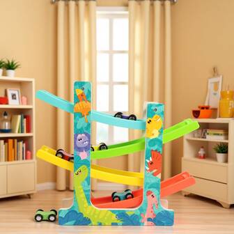 适合幼儿的木制汽车坡道玩具、带有 6 辆迷你汽车的赛道玩具、适合幼儿的蒙特梭利玩具，是送给男孩和女孩的完美礼物，万圣节/圣诞节礼物！