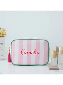 Customized Personalized 1pc Jewelry Organizer, Cosmetic Bag, Gift Bag, Tool Bag, Women's Minimalist Fashion Striped Tassel Large Capacity Makeup Bag, Portable Toiletry Bag, Suitable For Women, College Students, High School Students, Outdoor Travel, Vacation, Home Storage, School Dorm Bathroom, Exclusive Custom Gift, Multi-Functional, Multi-Purpose, Large Capacity, Lightweight, Practical, Convenient