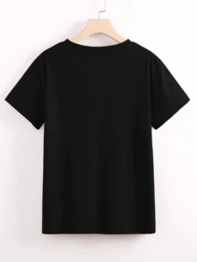 Camiseta de mujer de color sólido con estampado de chica motociclista de dibujos animados, casual y a la moda para uso diario.de 100% algodón. - Fondo negro 1 - Ver 4