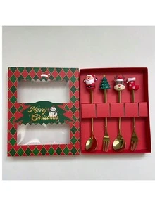 1 Conjunto Caixa de Presente Garfo e Colher de Natal, Colher de Café de Aço Inoxidável, Garfo de Sobremesa, Decoração de Caixa de Presente de Natal, Rena, Papai Noel, Árvore de Natal, Série Meia de Natal, Presentes de Festa de Feriado - Multicolorido - Visão 9
