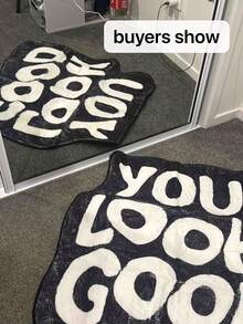 1pc "You Look Good" Asymmetrical Shaped Plush Rug, Machine Washable, Home Decor For Living Room, Bedroom, Bathroom, Kitchen Christmas Decor Kitchen Rug - Black - View 6