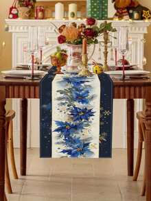 1pc Elegant Navy Blue & Burgundy Snowflake Winter Table Runner - High-Quality Polyester Holiday Decor With Golden Floral Patterns, Easy-Clean Rectangular Tablecloth For Christmas, Winter Parties, Home & Restaurant Dining, Festive Table Setting | Elegant Table Accessory | Texture, Christmas Table Decorations - Multicolor - View 3