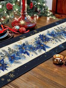 1pc Elegant Navy Blue & Burgundy Snowflake Winter Table Runner - High-Quality Polyester Holiday Decor With Golden Floral Patterns, Easy-Clean Rectangular Tablecloth For Christmas, Winter Parties, Home & Restaurant Dining, Festive Table Setting | Elegant Table Accessory | Texture, Christmas Table Decorations - Multicolor - View 2