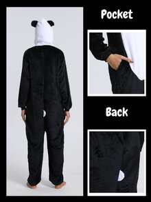 Adult Panda Pajamas - Soft Fleece-Lined Sleeve Zipper Pajama For Halloween & Christmas Parties, Unisex Loose Fit Machine Washable (Sizes S-XXL), Cow Pajamas, Festive Loungewear, Playful Design - 黑與白 - 查看 2