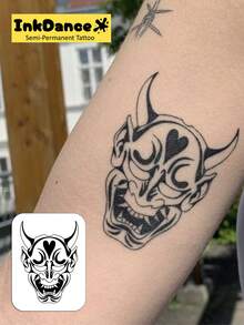 1 Set "Hannya Mask" Revolutionary Technology Tattoo Stickers, Semi-Permanent Tattoo, Temporary Tattoo, Long-Lasting, Traditional Japanese Tattoo, Realistic Tattoo, Waterproof, Lifelike Tattoo Effect, Plant-Based X032 - Black - View 2