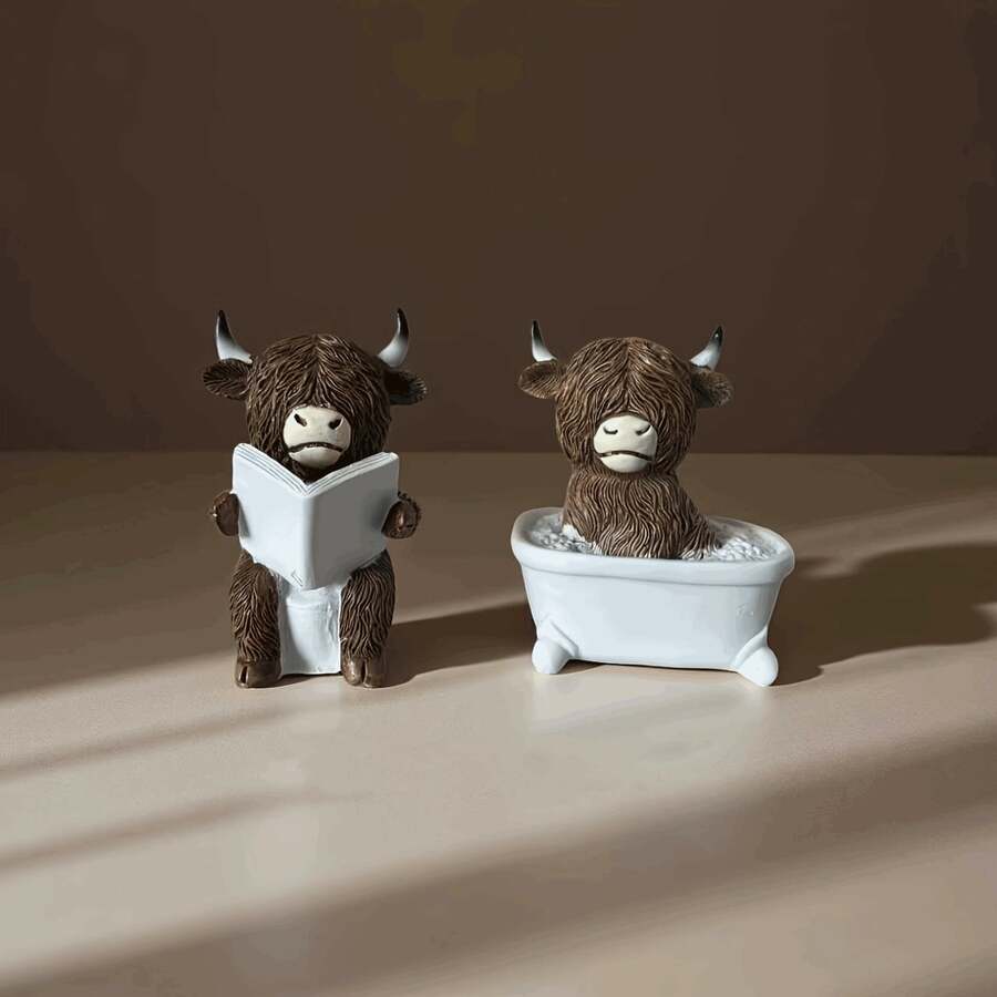 有趣的浴室装饰 - 高地牛读书马桶桶雕像，农舍风格浴室装饰，树脂家居办公室或礼物，无需电力，幽默的设计，纹理细节，非常适合圣诞节，非常适合感恩节 - 彩色 - 查看 1