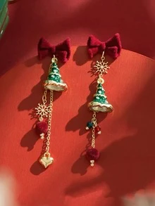 1 对时尚个性化圣诞树、星星、蝴蝶结、铃铛几何圣诞老人耳环，适合女性任何场合，圣诞礼物 - 綠色 - 查看 2