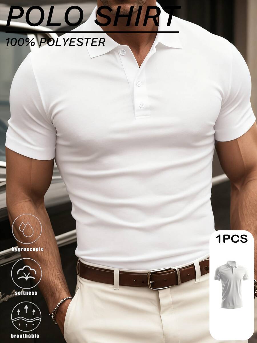Men's Casual Solid Color Short Sleeve Polo Shirt, Versatile,Sports&Outdoor-Tennis&Golf, Business Polo - 白色 - 查看 1