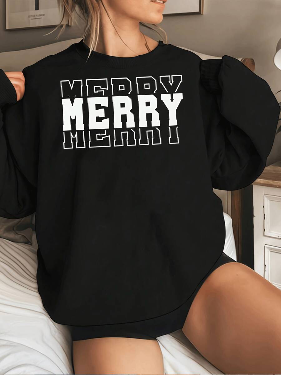Sudadera de cuello redondo con estampado gráfico Merry Merry para mujer, cómoda y elegante, perfecta para uso informal, tela suave y diseño moderno, ideal para atuendos diarios. - Negro - Ver 1