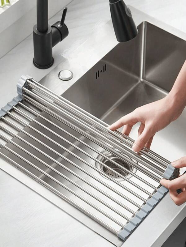 1 pieza Rejilla expandible para secar platos de acero inoxidable, montada sobre el fregadero, tabla de escurridor de platos, color negro y gris, brazo ajustable, estante de almacenamiento funcional para fregadero de cocina, adecuado para juego de utensilios de cocina, frutas y verduras, aplicable para cocina y baño, regalo de Navidad y Año Nuevo