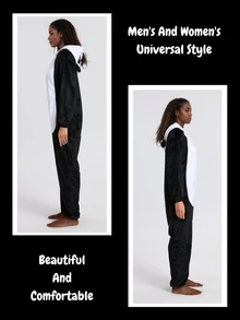 Adult Panda Pajamas - Soft Fleece-Lined Sleeve Zipper Pajama For Halloween & Christmas Parties, Unisex Loose Fit Machine Washable (Sizes S-XXL), Cow Pajamas, Festive Loungewear, Playful Design - 黑與白 - 查看 4