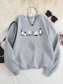 Sudadera con cuello redondo y estampado de gato fantasma para mujer, jersey de manga larga de corte relajado con estampado divertido de gatito fantasma y detalle de sombrero de bruja. - Gris - Ver 2