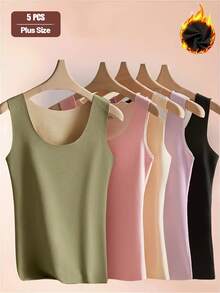 5pcs Plus Size Women's Thermal Fleece Lined Solid Color Seamless Double-Sided Velvet Warm Vest