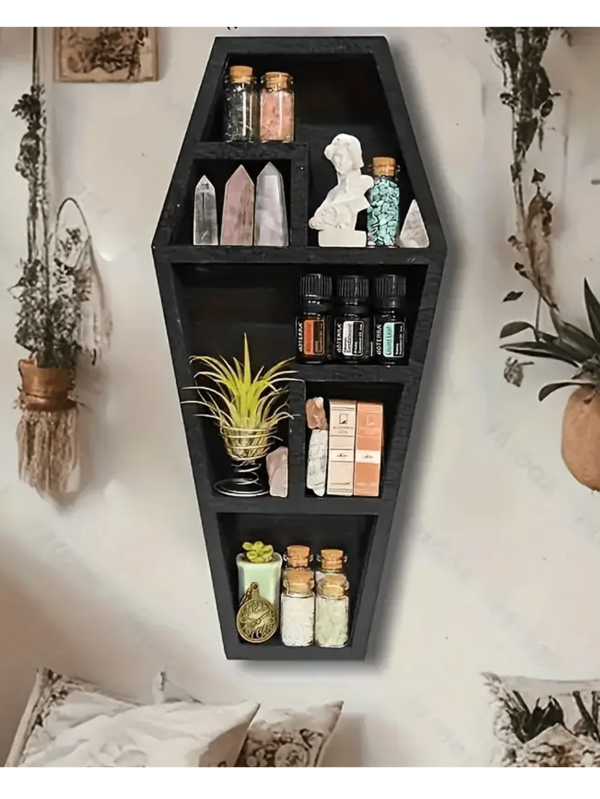 A Wooden Coffin Rack Basket With A Crystal Display, Featuring Gothic Wall Decor, Suitable For Halloween And Easter (The Small Hole On The Back Of The Product Has Been Pre-Drilled For Customer Installation), Shelf Baskets