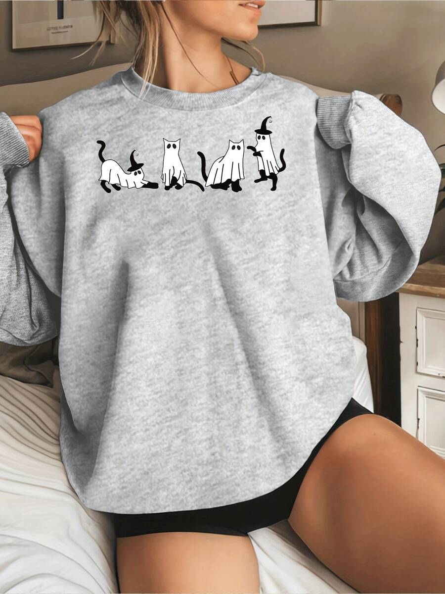 Sudadera con cuello redondo y estampado de gato fantasma para mujer, jersey de manga larga de corte relajado con estampado divertido de gatito fantasma y detalle de sombrero de bruja. - Gris - Ver 1