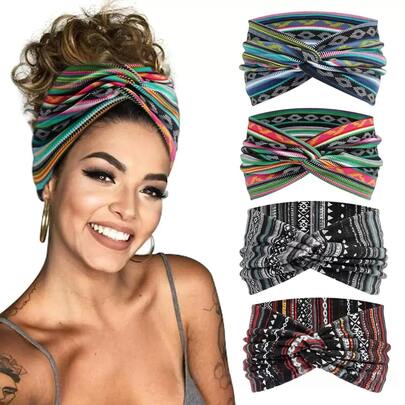 4pcs Women's New Bohemian Paisley Pattern Retro Print Yoga Headbands, Elastic Sports Criss-Cross Headbands, Hair Accessories, Headwraps, Sweatbands, Autumn/Winter Headbands For Holiday Outfits, Polyester Elegant Scarf Warm Hair Bands Women Bandanas