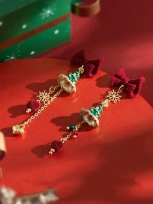 1 对时尚个性化圣诞树、星星、蝴蝶结、铃铛几何圣诞老人耳环，适合女性任何场合，圣诞礼物 - 綠色 - 查看 3