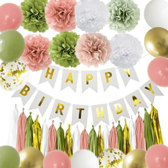 Sage Green And Retro Pink Happy Birthday Party Decorations White Rose Avocado Olive Blush Gold Neutral Rustic Decor Supplies For Adults Women Wedding Decor, Bridal Shower Favors, Gender Reveal Party Supplies