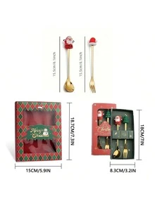 1 Conjunto Caixa de Presente Garfo e Colher de Natal, Colher de Café de Aço Inoxidável, Garfo de Sobremesa, Decoração de Caixa de Presente de Natal, Rena, Papai Noel, Árvore de Natal, Série Meia de Natal, Presentes de Festa de Feriado - Multicolorido - Visão 3