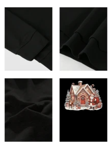 Sudadera acogedora para mujer con estampado gráfico navideño de casa de jengibre, Papá Noel y reno. Top festivo de cuello redondo para mujer. - Negro - Ver 4