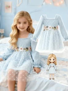 Girls Long Sleeve Dress, Textured Fabric, Mesh Patchwork, Floral Decor, Fits Age 4-7, Casual Style, Everyday Wear, Girls Autumn/Winter Dress - Blue - View 11