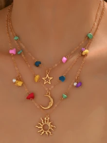1PC Bohemian-Style Multi-Layer Gold-Tone Star-Moon Pendant Necklace Featuring Colored Stone Star-Moon Jewelry Women's Party And Gathering Jewelry