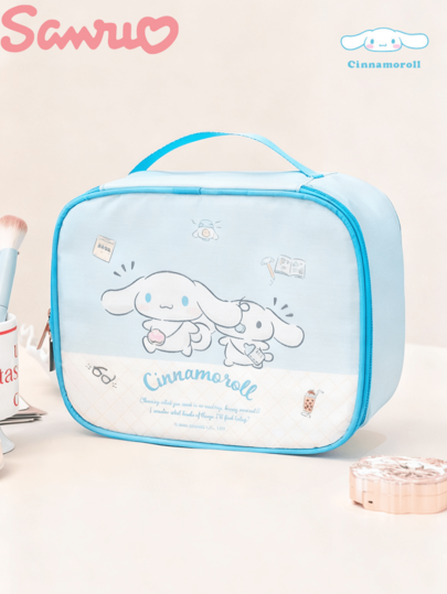 Bolsa de cosméticos Sanrio Cinnamoroll, bolsa de maquiagem oficial licenciada para personagens com zíper duplo e bolsos internos, material de nylon durável para armazenamento , estampa de coelho fofo para uso diário e viagens, presente para fãs de anime e colecionadores da Sanrio