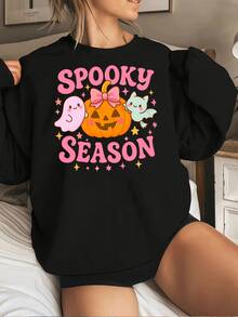 Sudadera con gráfico de temporada espeluznante linda para mujer, suéter de cuello redondo de otoño para mujer con adorable estampado de murciélago fantasma de calabaza, ropa festiva moderna y acogedora. - Negro - Ver 1