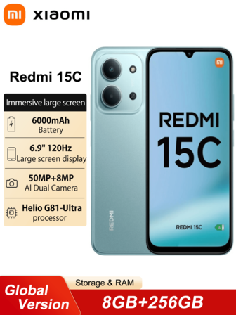 Xiaomi Redmi 15C 8+256G Smartphone Global Version 6.9" Dot Drop Display Massive 6000mAh Battery Supports 33W Fast Charging Helio G81-Ultra Processor Clear 50MP Al Dual Camera