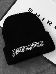 1pc Autumn/Winter Knitted Beanie Hat With Embroidered Letter, Casual Unisex Couple Warm Ski Cap