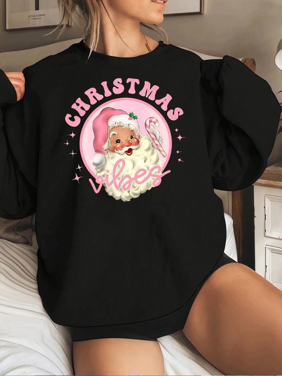 Sudadera acogedora con cuello redondo y estampado navideño de Papá Noel para mujer, estilo retro festivo, de manga larga, informal, para fiestas de invierno - Negro - Ver 1