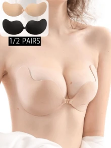 زوج/زوجان من حمالات الصدر اللاصقة غير المرئية للنساء - حمالة صدر بدون ظهر وبدون أشرطة وبدون خياطة ذاتية اللصق مع أغطية للحلمات من السيليكون، ملابس داخلية للزفاف (لون البشرة/أسود) - قابلة لإعادة الاستخدام، حمالة صدر بدون ظهر للاستخدام على مدار السنة مع لصق قوي