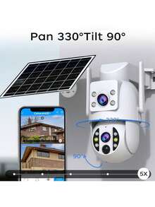 5X Zoom 3MP Solar Security Dual Lens Camera, 2.4GHz WiFi, Outdoor Waterproof Security Camera, Body Detection, Motion Spotlight Colour Night Vision, 2-Way Talking, With Solar Panel, Low Power Consumption, 355° Pan And 90° Tilt, AI Detection, Pan/Tilt/Zoom,(64G Memory Card Is A Single Memory Card Without Solar Camera)