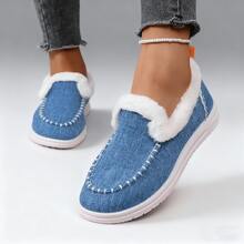 Fall/Winter 2025 Plush Slip-On Loafers Women Fuzzy Warm Slouchy Shoes Low-Top Snow Boots, Wear With Sweater - Màu xanh nhạt - Xem 2
