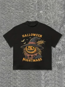 Camiseta informal para hombre con estampado de espantapájaros de calabaza de Halloween y texto "HALLOWEEN NIGHTMARE", Camiseta cómoda y suave de manga corta, 100 % algodón, 220 g, ideal para primavera y verano, unisex. - Negro - Ver 1