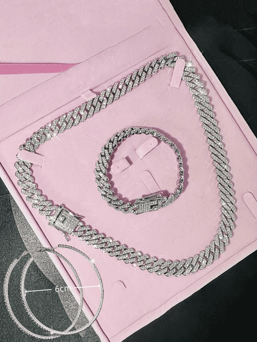 Conjunto de collar y pulsera de cadena cubana radiante, estilo cadena, pendientes grandes y redondos con cristales deslumbrantes, pendientes de rhinestone, joyería de plata para mujeres, collares para mujeres, regalo de joyería para mujeres, perfecto para Navidad, vacaciones y uso diario