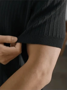 GRDR 男士宽松薄款罗纹 Polo 领针织衫，短袖，夏季款 - 黑色 - 查看 7