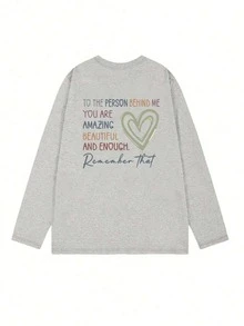 女式棉质长袖 T 恤，字母和心形印花，宽松中长款上衣，时尚麻灰色 - 花灰色 - 查看 5
