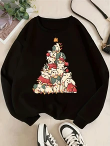 Sudadera con cuello redondo y estampado de perro y árbol de Navidad para mujer, adorable, navideña, con estampado de animales festivos, manga larga, suave y cálida, para invierno - Negro - Ver 2