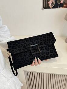 女士手拿包，时尚豹纹小方包，翻盖手提包 - 黑色 - 查看 1